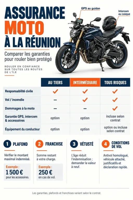 Assurance moto GPS et intercom garantie Réunion : garanties accessoires et formules comparées