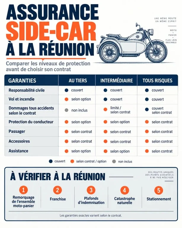 Infographie assurance side-car à La Réunion pour comparer les garanties avant de demander un devis