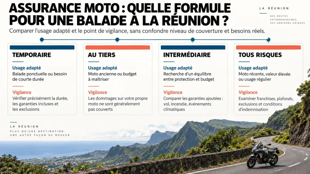 Comparatif d’assurance moto balade organisée réunion entre couverture temporaire, au tiers, intermédiaire et tous risques