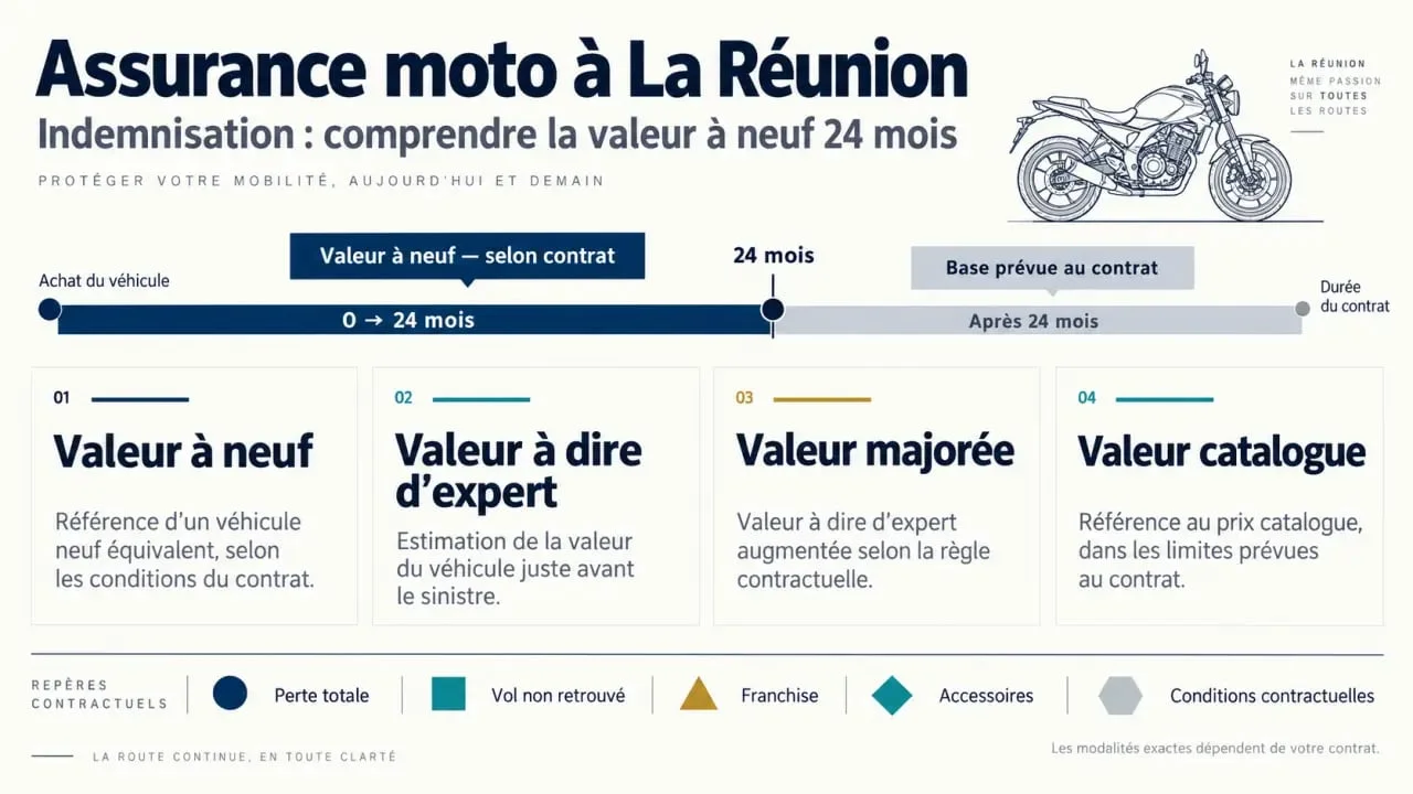 Infographie sur l'assurance moto valeur à neuf 24 mois à La Réunion et les bases d'indemnisation