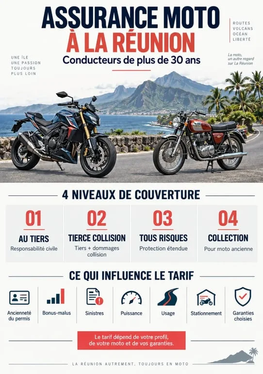 Infographie sur l’assurance moto plus de 30 ans à La Réunion et les niveaux de garanties