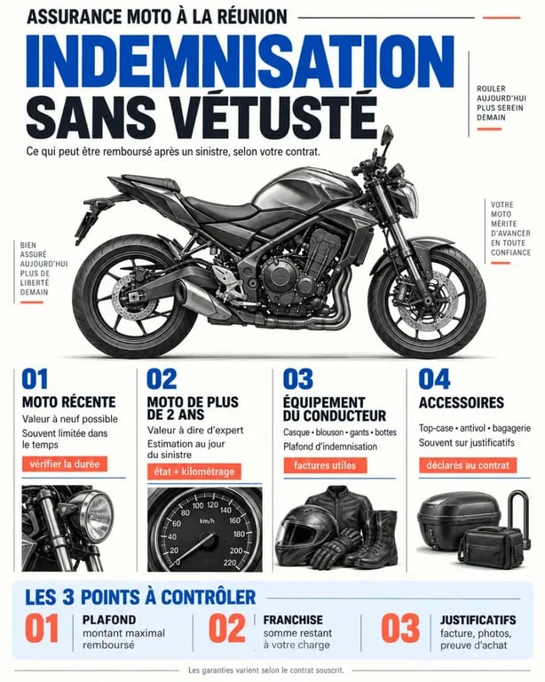 Infographie sur l’assurance moto indemnisation sans vétusté à La Réunion