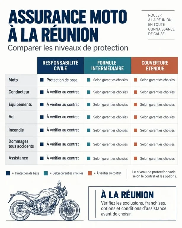 Infographie sur l’assurance moto extension garantie réunion et les niveaux de protection