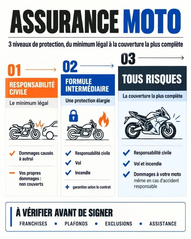 Infographie sur l’assurance moto route des Tamarins comparant les formules tiers, intermédiaire et tous risques