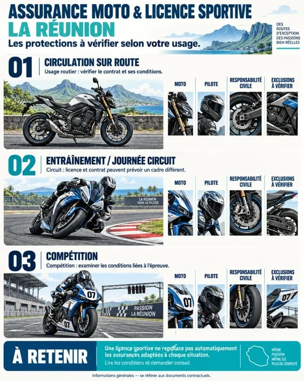 Infographie sur l’assurance moto licence sportive Réunion selon l’usage route, circuit ou compétition