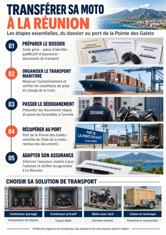Infographie pour transférer son contrat moto à La Réunion avec les étapes du transport maritime et du dédouanement