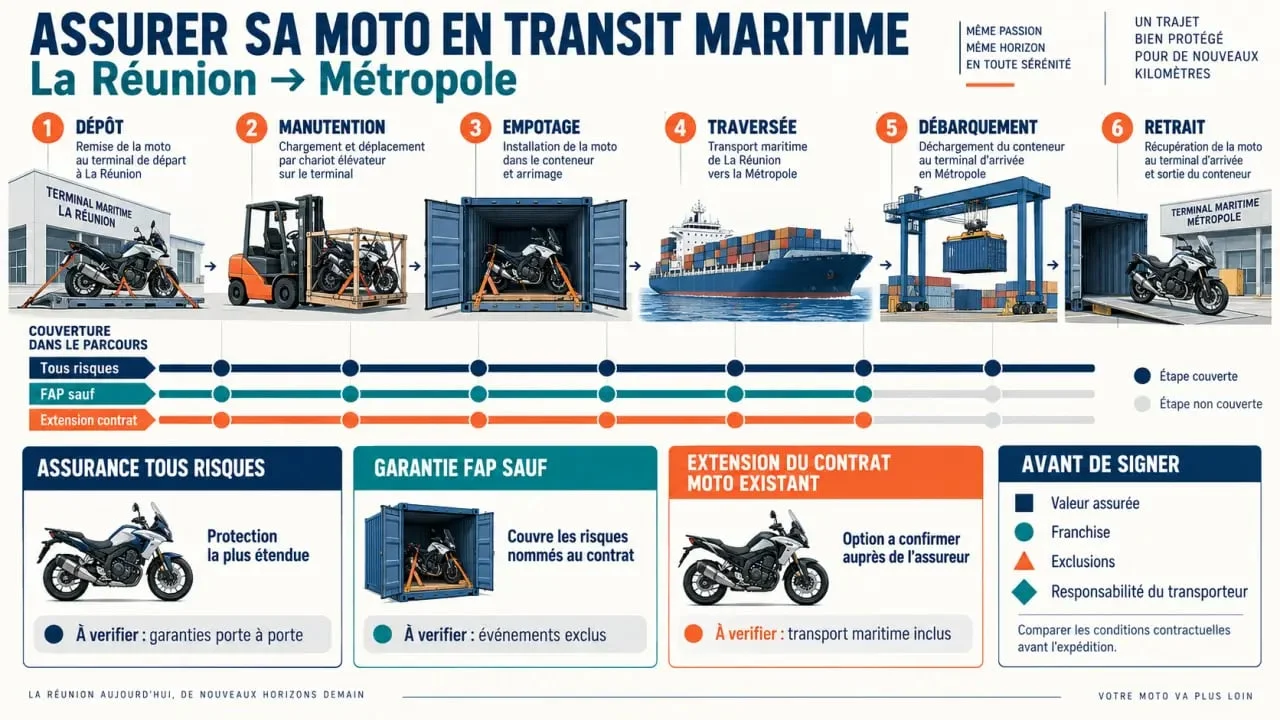 Infographie sur l'assurance moto transport maritime Réunion-métropole comparant tous risques, FAP Sauf et contrat moto existant