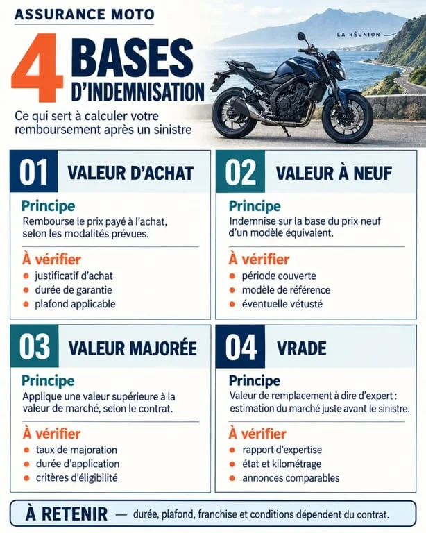 Assurance moto valeur d'achat à La Réunion : comparaison valeur à neuf, valeur majorée et VRADE