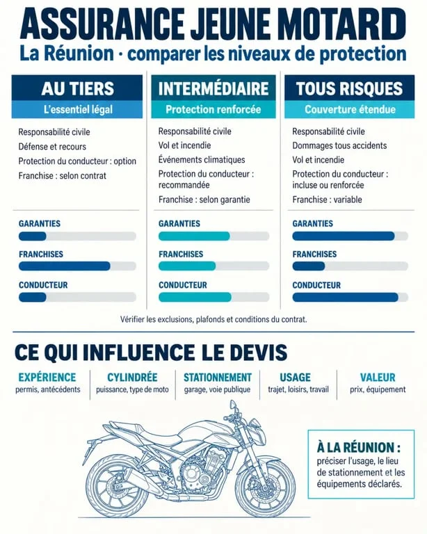 Infographie sur l’assurance jeune motard à La Réunion et les différences entre les formules au tiers, intermédiaire et tous risques