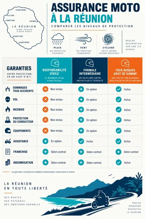 Infographie sur l’assurance moto tous risques haut de gamme à La Réunion et ses garanties