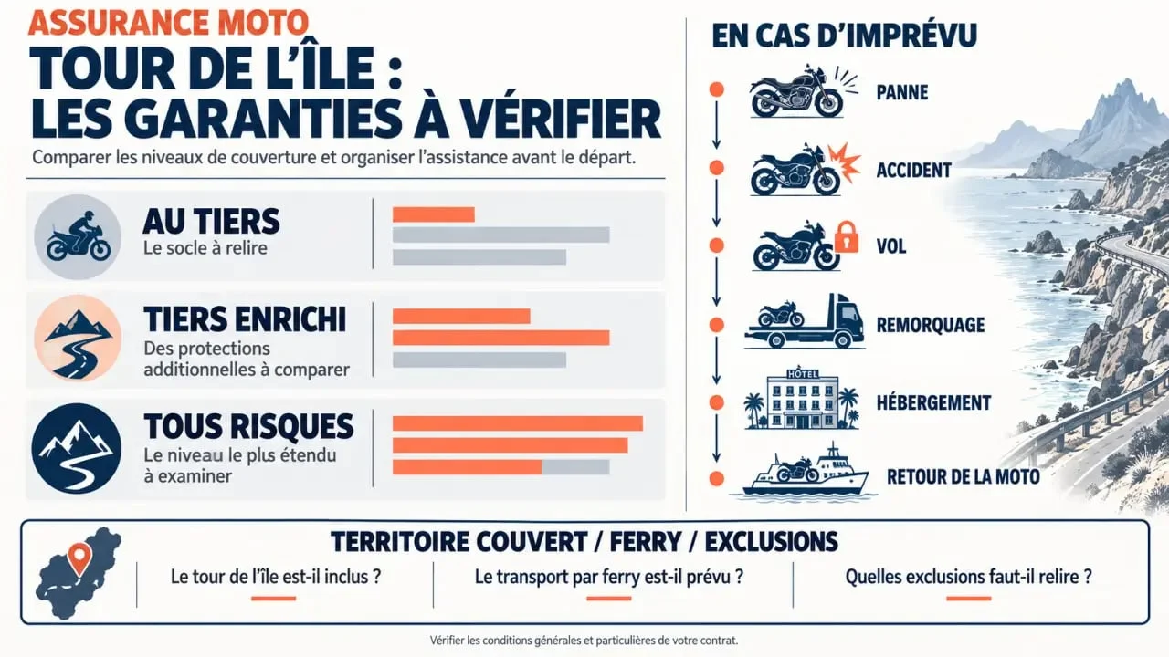 Infographie sur l’assurance moto tour de l’île et les garanties au tiers, tiers enrichi, tous risques et assistance